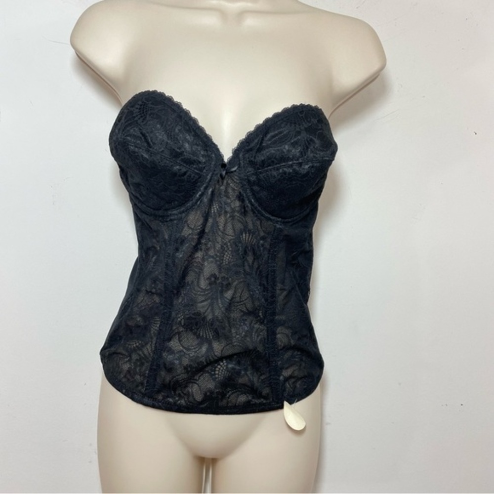 Vintage Strapless Bra 36C Corset  Bustier Semi Sheer Lace padded cup black.